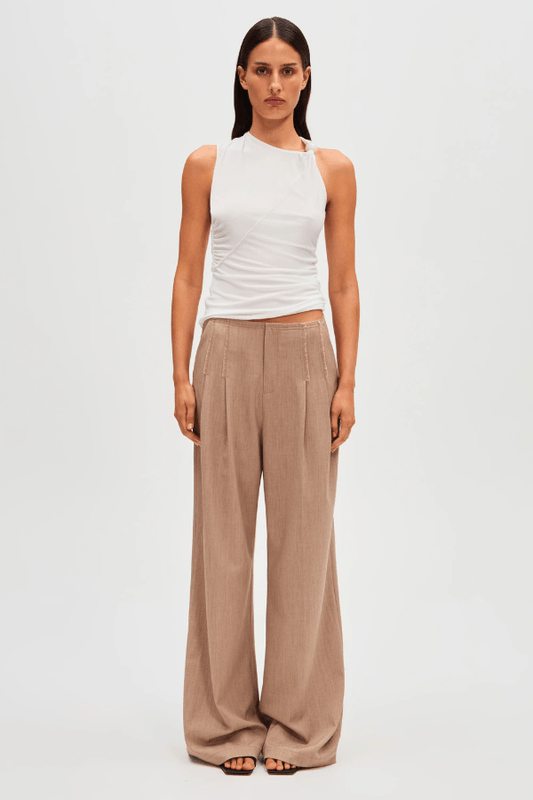 Simone Pant taupe by Misha, wide-leg pants with trendy frayed details and front pleats, perfect for casual or formal wear with a relaxed fit.
