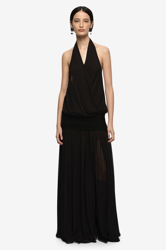 Jasmin Halter Dress Black by Bec + Bridge, halter maxi dress with ruched waist and draped detail. Perfect for events or elegant evening looks.