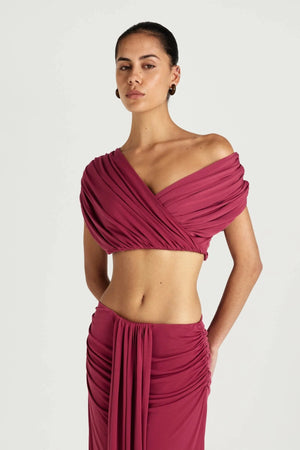 Celia Top Rose Wine by Benni, multiway off shoulder jersey top, perfect for elevated evening styling