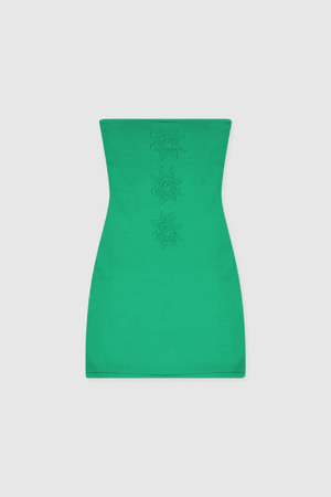 Bettina Strapless Tube Dress Amazon by The Wolf Gang – A stretchy knit mini with sun motif, perfect for tropical holidays or Euro summer nights.