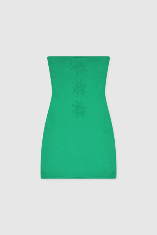 Bettina Strapless Tube Dress Amazon by The Wolf Gang – A stretchy knit mini with sun motif, perfect for tropical holidays or Euro summer nights.