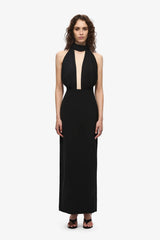 The Capezza Silk Dress by MISHA, a halter midi dress with plunge neckline, silk wrap, and open back. Perfect for elevated evenings.