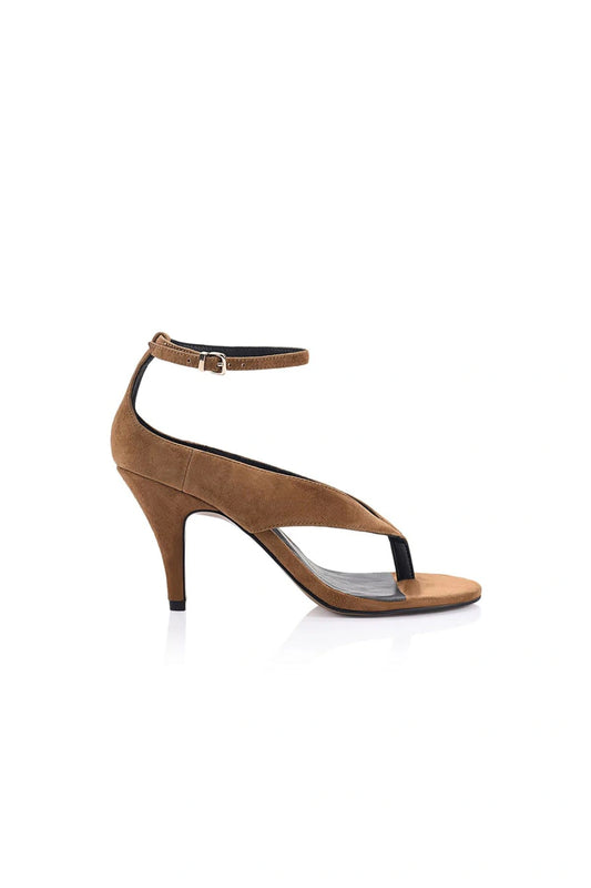 Hazel Sandal Brown Suede by Lana Wilkinson, suede heeled sandal with fluted heel, perfect for day to night styling.