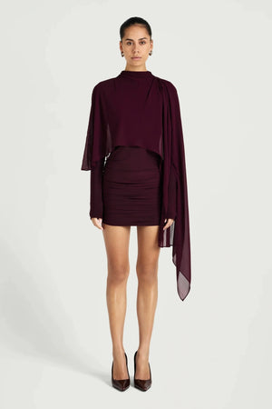 Silas Mini Dress by Benni, ruched jersey mini dress with chiffon cape, perfect for events or evening styling
