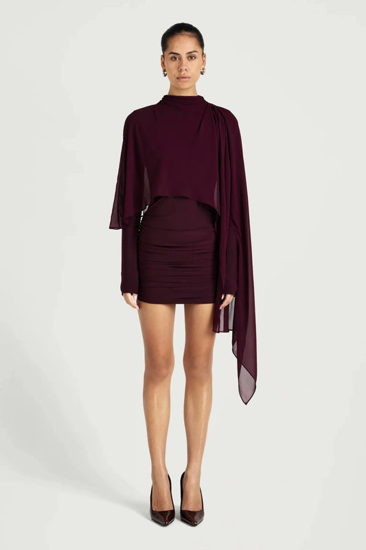 Silas Mini Dress by Benni, ruched jersey mini dress with chiffon cape, perfect for events or evening styling