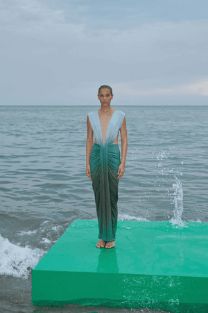 Nia Dress Dark Lime by Baobab – A bold maxi with a deep V-neck, open back, and shiny ruched fabric, perfect for making a viral statement at special events.