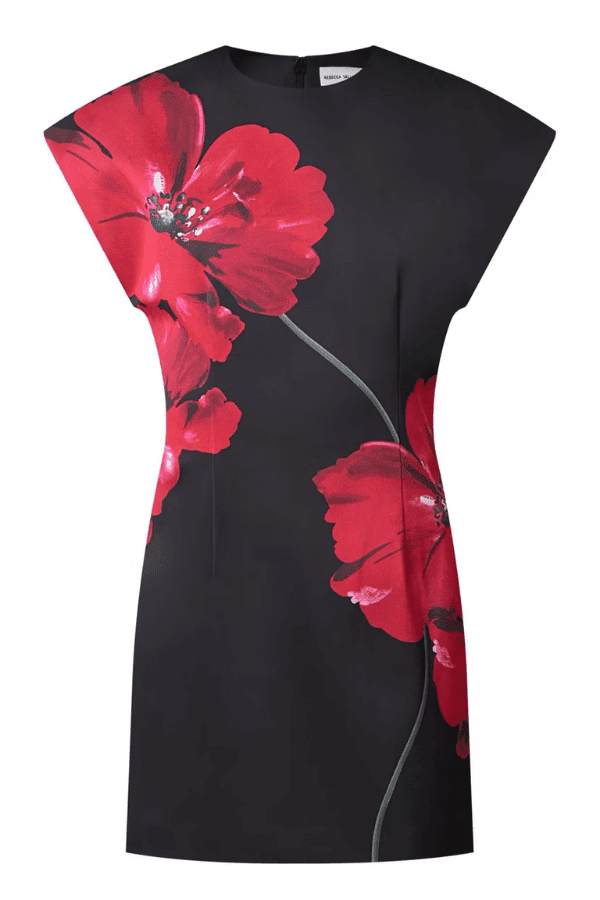 Chaya Mini Poppy Print Black Base by Rebecca Vallance – A trendy structured A-line mini with floral poppy print, round neckline, and dropped shoulders, perfect for special occasions or elevating everyday style with a polished, feminine touch.