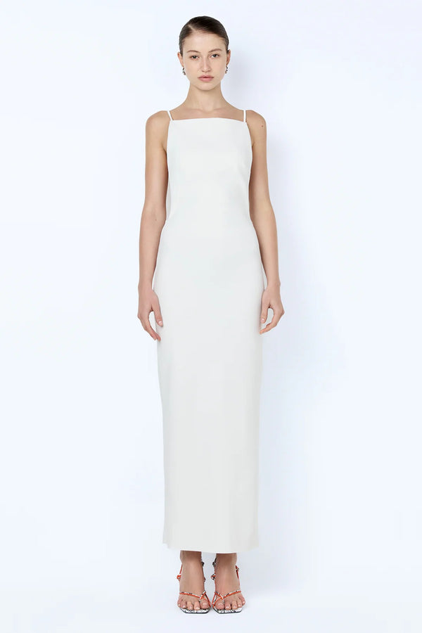 Arlene Strappy Midi Dress Ivory by Bec + Bridge - sleek crepe midi dress with racerback straps and side split, perfect for bridal events or elegant evenings.