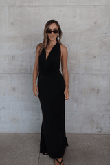 Saint Plunge Maxi Dress Black by Sneaky Link – A trendy halter neck maxi with a bold plunging neckline, silky cupro fabric, perfect for elegant nights and viral occasions.