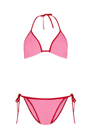 Gina Bikini Contrast Bubblegum/Red by Hunza G – a crinkle set with contrast trim and adjustable ties. Perfect for sunny beach days.