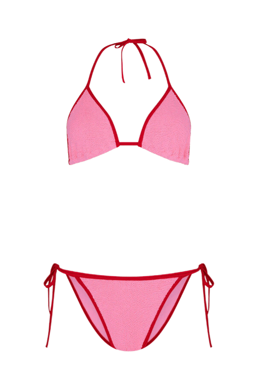 Gina Bikini Contrast Bubblegum/Red by Hunza G – a crinkle set with contrast trim and adjustable ties. Perfect for sunny beach days.