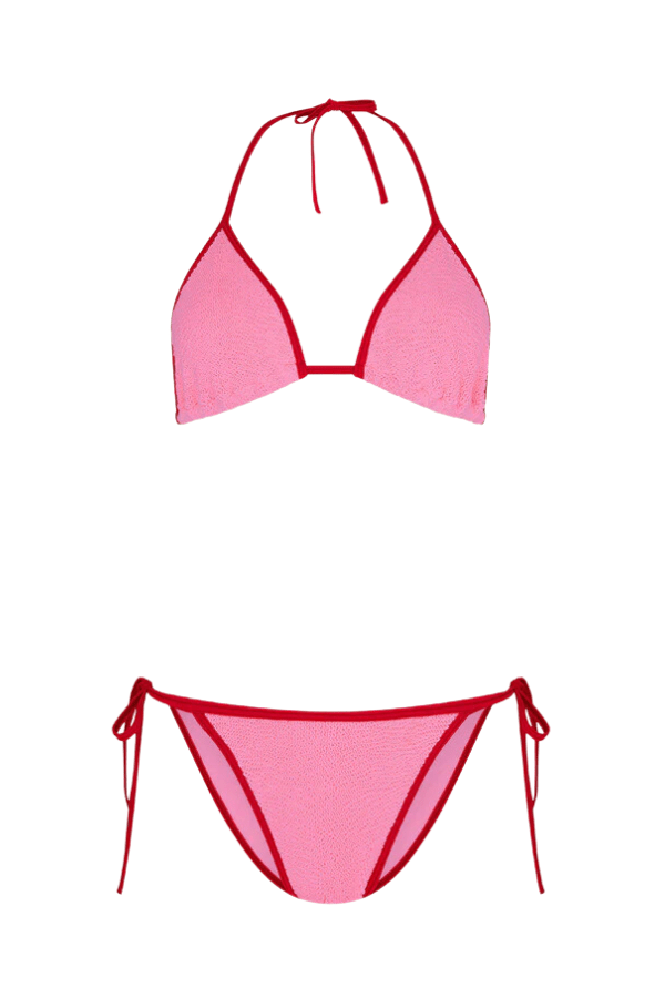 Gina Bikini Contrast Bubblegum/Red by Hunza G – a crinkle set with contrast trim and adjustable ties. Perfect for sunny beach days.