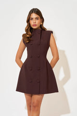 Sleeveless Button Mini Dress in Fig by Odd Muse — a tailored sleeveless mini with a button front and cinched waist, perfect for polished evening wear.