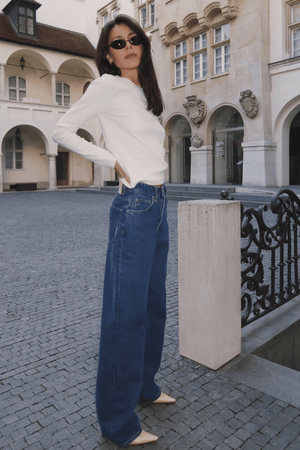 Coco Relaxed Indigo Vision by Neuw Denim, high-waisted relaxed straight-leg rigid jeans in vintage indigo with tobacco stitching, perfect for casual wear.