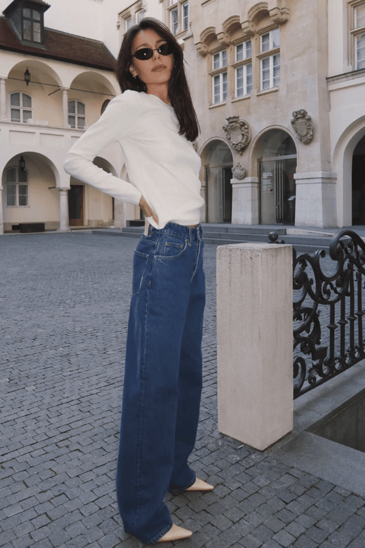 Coco Relaxed Indigo Vision by Neuw Denim, high-waisted relaxed straight-leg rigid jeans in vintage indigo with tobacco stitching, perfect for casual wear.