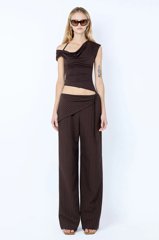 Andre Overlay Pant in Choc Pinstripe by Bec + Bridge – straight leg pinstripe pants with asymmetric tie detail.