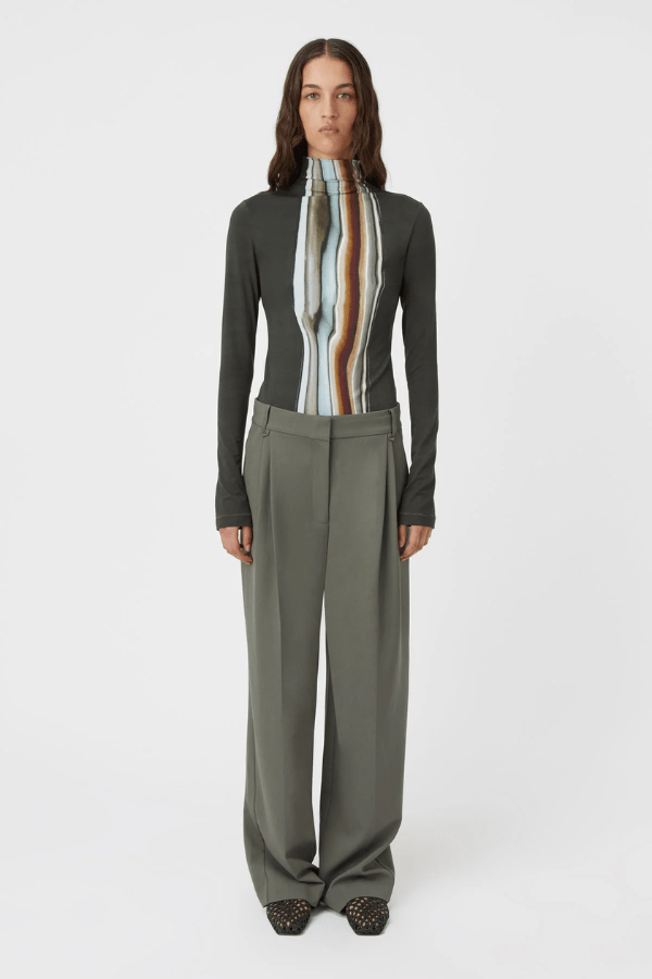 Annick Pant Sacramento Green by Camilla and Marc, double-pleated with a mid-low waist and pressed creases, perfect for modern tailoring or chic office dressing.