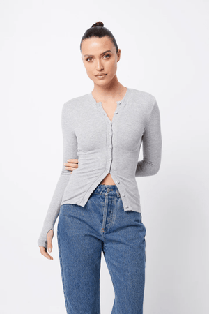 Lyon Cardigan Grey Marle by Mossman, warm double-layer ribbed jersey with round neckline, button front, and thumbhole sleeves, perfect for trendy viral layering and sleek everyday style.