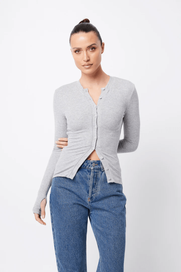 Lyon Cardigan Grey Marle by Mossman, warm double-layer ribbed jersey with round neckline, button front, and thumbhole sleeves, perfect for trendy viral layering and sleek everyday style.