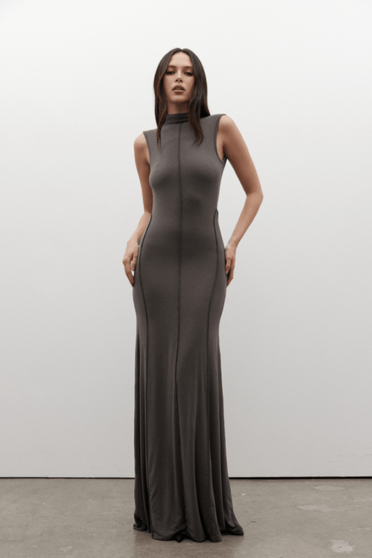 Mae Maxi Dress Smoke by Bayse – A sleek and trendy maxi with a high neckline and daring open back, flowing floor-length for chic evenings or special events.