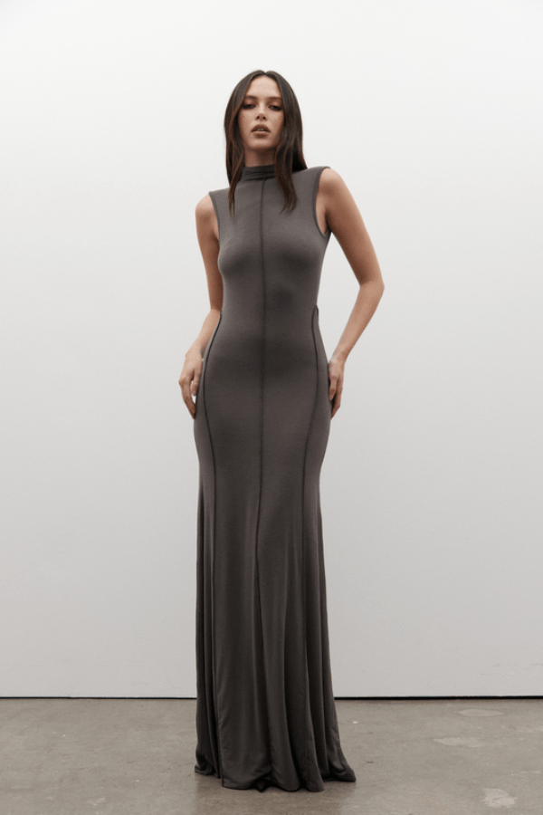 Mae Maxi Dress Smoke by Bayse – A sleek and trendy maxi with a high neckline and daring open back, flowing floor-length for chic evenings or special events.