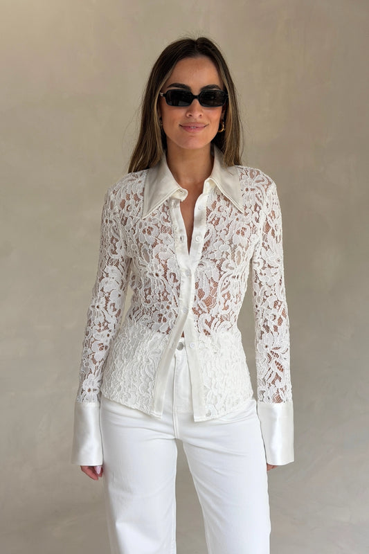Emilie Lace Long Sleeve Shirt White by Sneaky Link, floral lace shirt with contrast collar, cuffs and sheer sleeves.