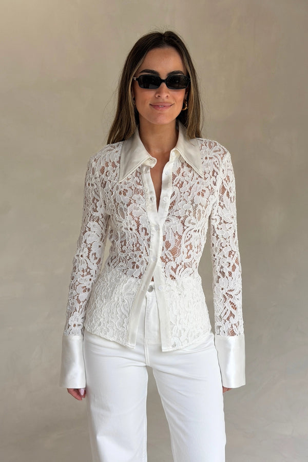 Emilie Lace Long Sleeve Shirt White by Sneaky Link, floral lace shirt with contrast collar, cuffs and sheer sleeves.