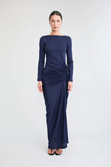 Suri Gown Navy by Pfeiffer, reversible jersey maxi dress with low back and adjustable gathered split
