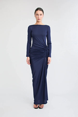 Suri Gown Navy by Pfeiffer, reversible jersey maxi dress with low back and adjustable gathered split