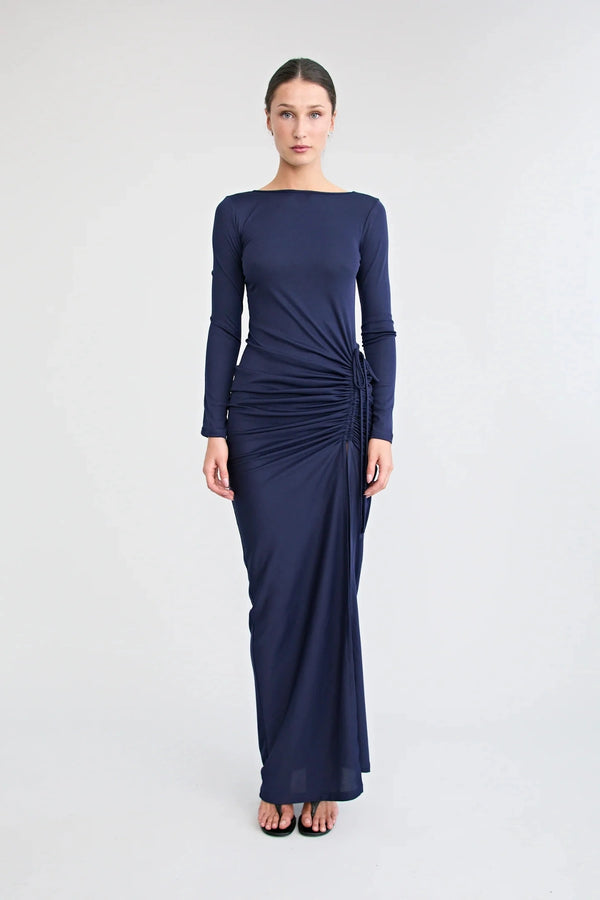Suri Gown Navy by Pfeiffer, reversible jersey maxi dress with low back and adjustable gathered split