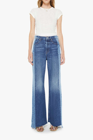 The Tux Sidestepper Sneak Fray Double Take by Mother, wide leg rigid jeans with frayed hem, perfect for edgy everyday styling