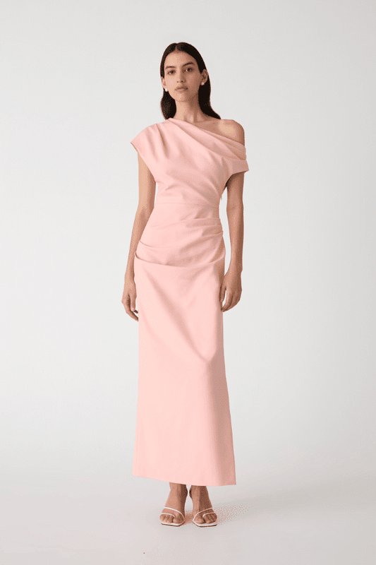 Gia Midi Dress Rose Quartz Pink by Misha – A structured sateen midi with asymmetric neckline and pleat detail, exuding refined modern glamour.