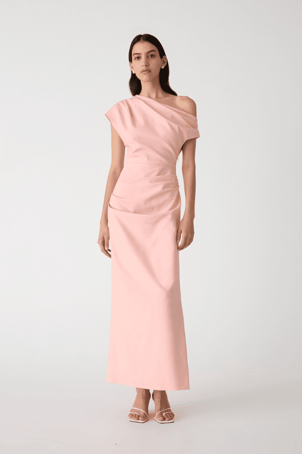 Gia Midi Dress Rose Quartz Pink by Misha – A structured sateen midi with asymmetric neckline and pleat detail, exuding refined modern glamour.