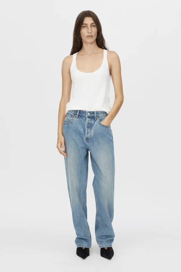 Rhodes 2.0 Jean Light Vintage Blue by Camilla and Mar, relaxed low-rise denim with branded details, perfect for viral off-duty looks or casual layering.