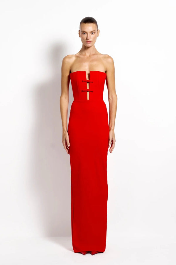 Addison Gown Cherry Red by Effie Kats - black crepe gown with fluid drape and long silhouette, designed for a refined modern look.