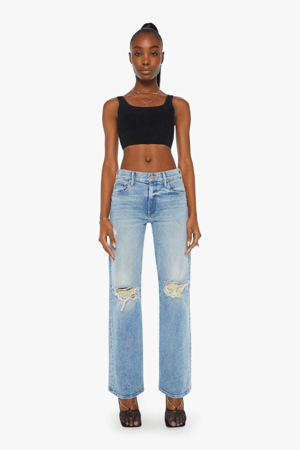 Mid Rise Maven Sneak Peak A Boo by Mother Denim, mid-rise relaxed wide-leg jeans with distressed knees, light-blue wash, perfect for casual cool style.