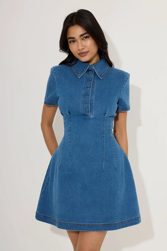 Cotton Mix Denim Collared Mini Dress Light Blue by Odd Muse, structured denim mini dress, perfect for day