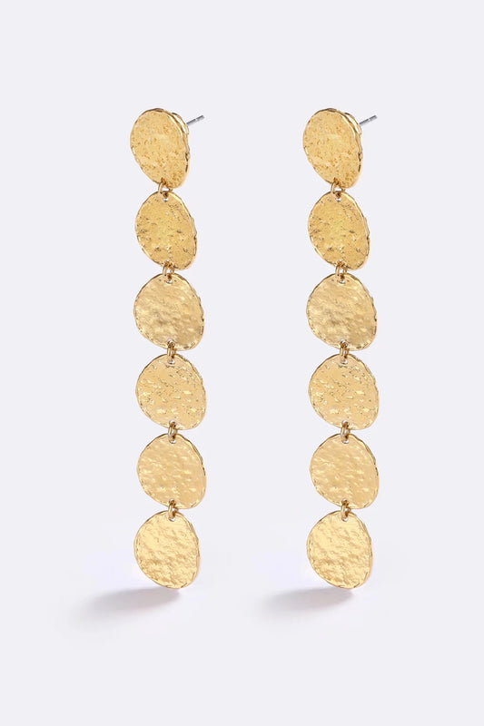 Sunset Hour Earrings Gold by Emma Pills - long gold drop earrings with hammered texture, designed for a bold statement look.