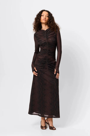 Siren Midi Dress Snake Print by Mossman, sheer mesh midi dress with long sleeves, perfect for statement evening styling