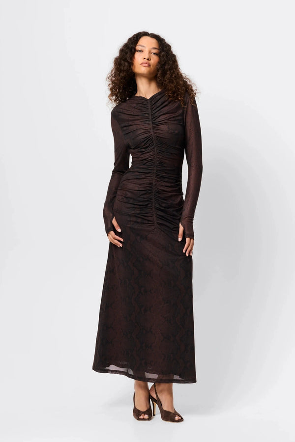 Siren Midi Dress Snake Print by Mossman, sheer mesh midi dress with long sleeves, perfect for statement evening styling