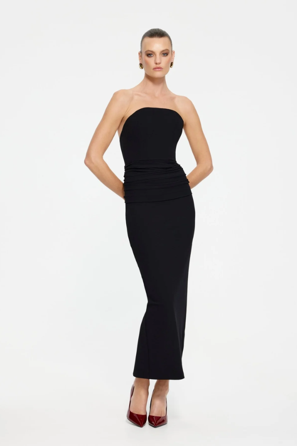 Astor Strapless Midi Dress Black by Effie Kats – A sculpted stretch-crepe midi with curved neckline and ruched hips, perfect for formal dinners, cocktail events, or sleek soirées.