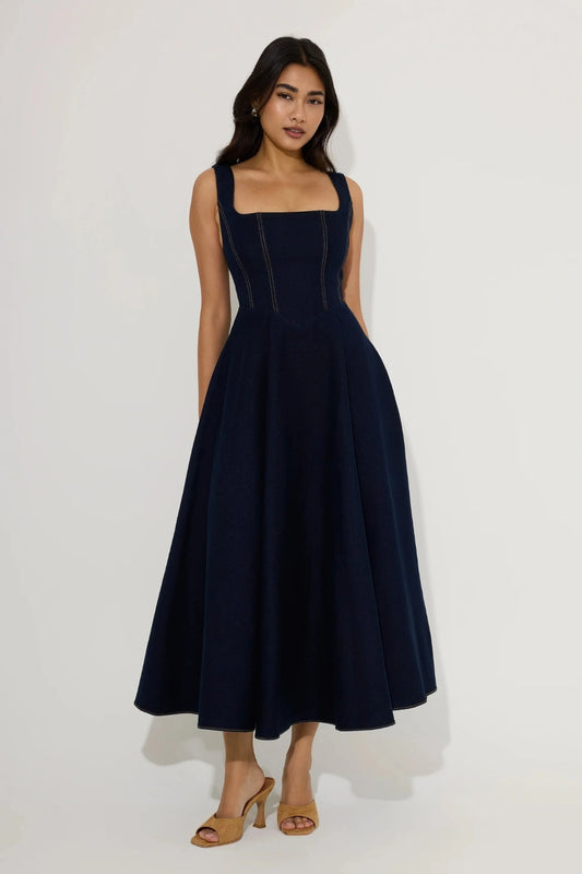 Cotton Mix Denim Square Neck Midi Dress Dark Blue by Odd Muse, fitted denim midi dress, perfect for chic day to night styling