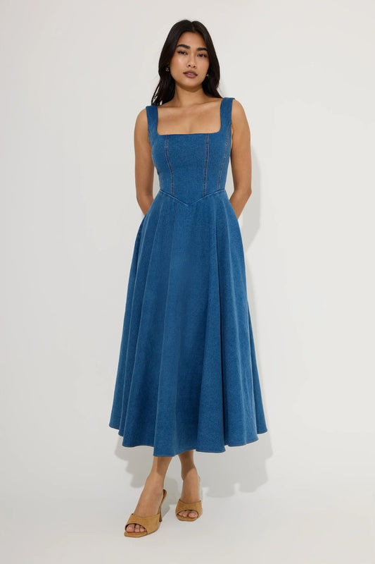 Cotton Mix Denim Square Neck Midi Dress Light Blue by Odd Muse, fitted denim midi dress, perfect for chic day