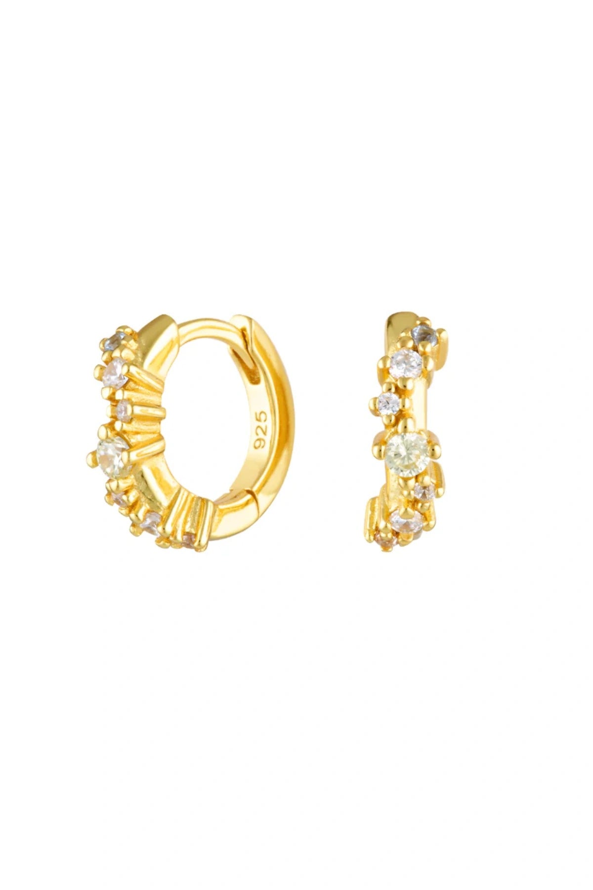 Jemima Huggies by Avant Studio, dainty gold hoops with pastel CZ gems. Perfect for subtle ear stacks and everyday styling.