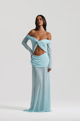 Emily Gown Baby Blue by Natalie Rolt – A trendy, ethereal gown with bias-cut georgette, off-shoulder draping, and full sleeves, perfect for romantic events.