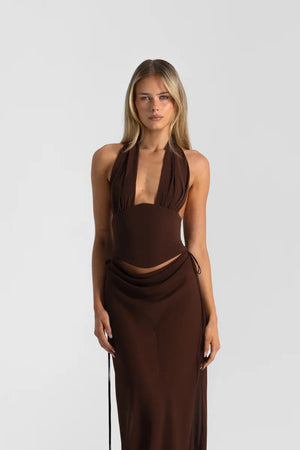 Bronte Top in Espresso by Natalie Rolt, a ruched halter with lace-up back and curved bust. Perfect for elevated pairings or events.