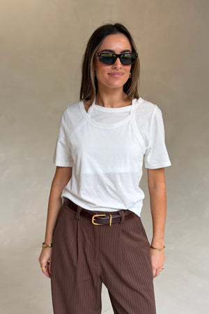 Layered Tee in White by Sneaky Link, 100% cotton with a relaxed fit and layered neckline detail. Perfect for elevated casual dressing.
