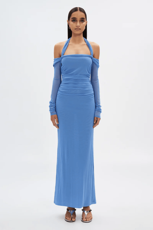 Sonnet Mesh Dress Cornflower Blue by Misha – A trendy off-shoulder, body-skimming maxi with halter neck strap and delicate gathers, perfect for sophisticated nights.