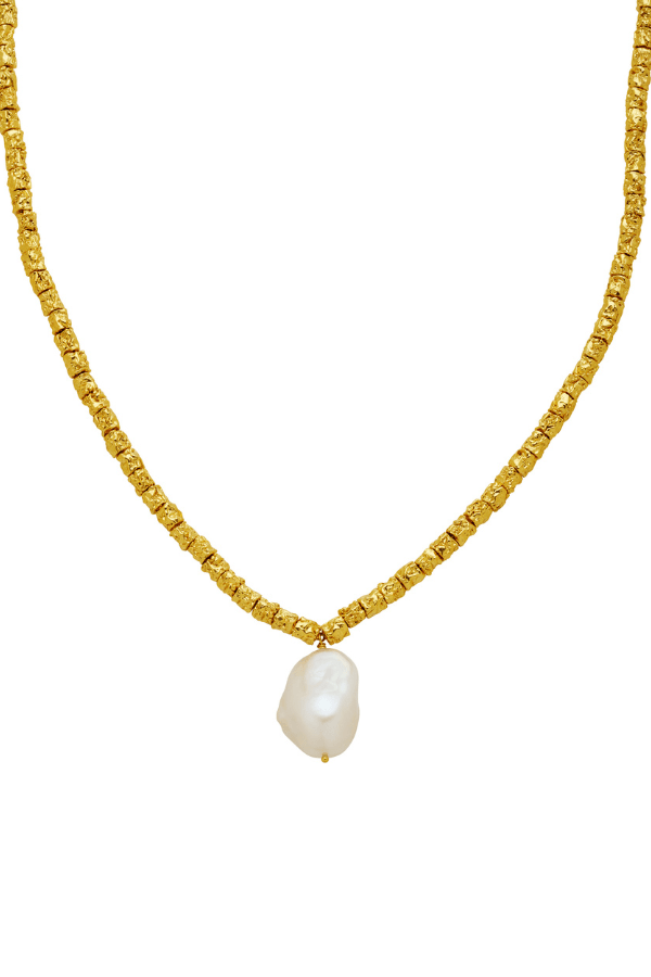 Benita Necklace by Amber Sceats, trendy and elegant, featuring a large AAA+ freshwater pearl with crushed 24k gold beads, perfect for standout style moments.