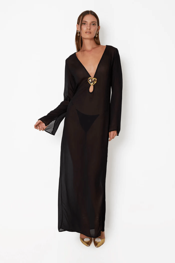 Hotline Heart Maxi Dress Black by Cin Cin – A sleek column maxi with heart hardware and keyhole cut-out, perfect for romantic dinners, galas, or elevated date nights.